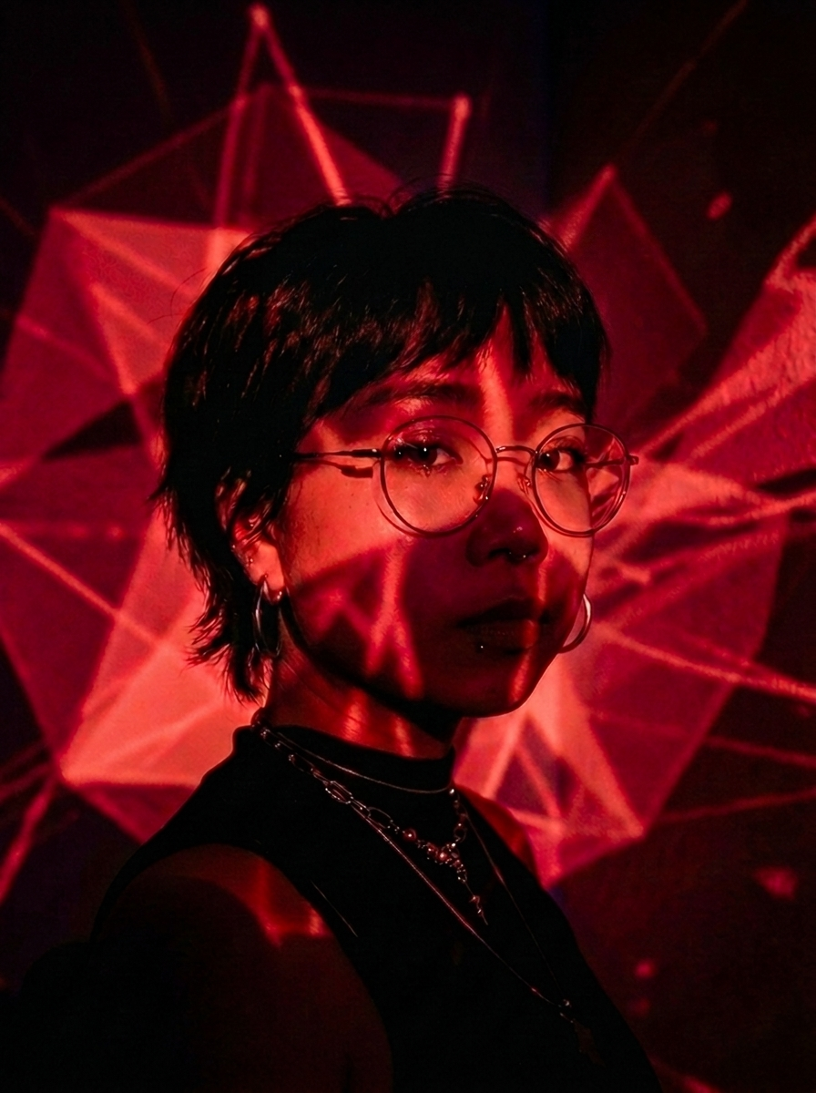Portrait of mayhemehyam, lit by a red generative laser projection